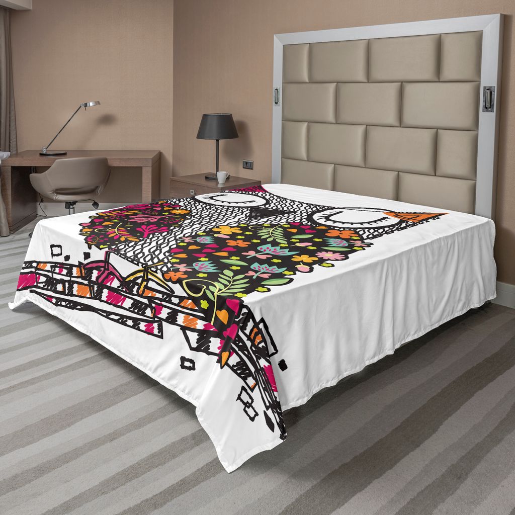 ABAKUHAUS Eulen Bettlaken, Eule Geformt von Geometrisch Floral Blooms Pflanzen Muster Bunte kunstvolle Doodle Design, weiches bequemes oberes Bettl...