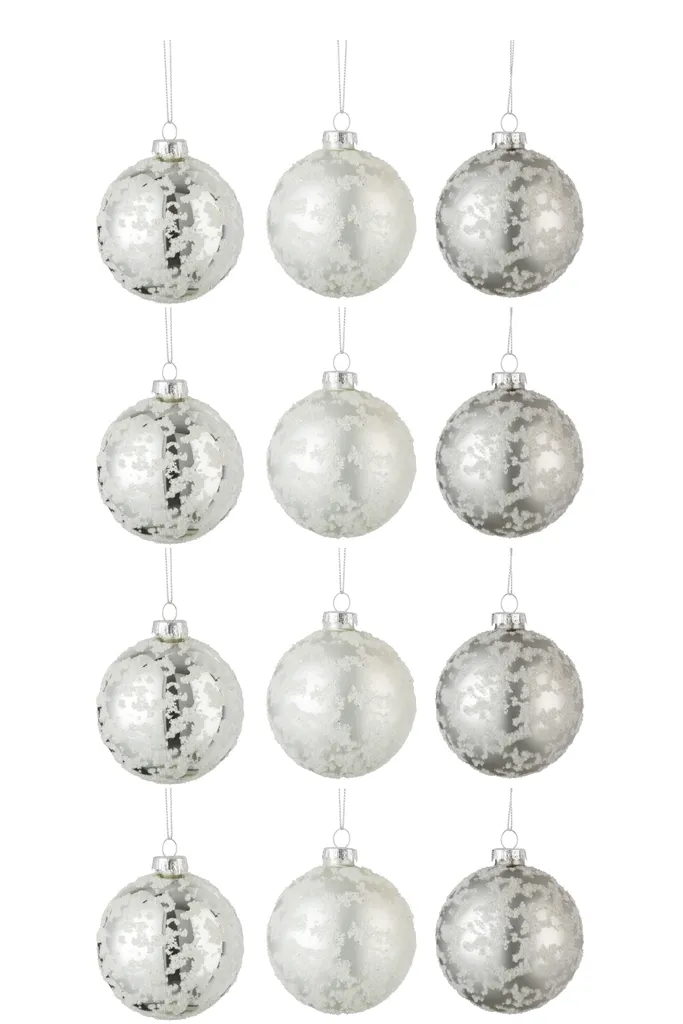 Set de 12 Ornements de Noël en Verre Gris Mat et Blanc Effet Sucré