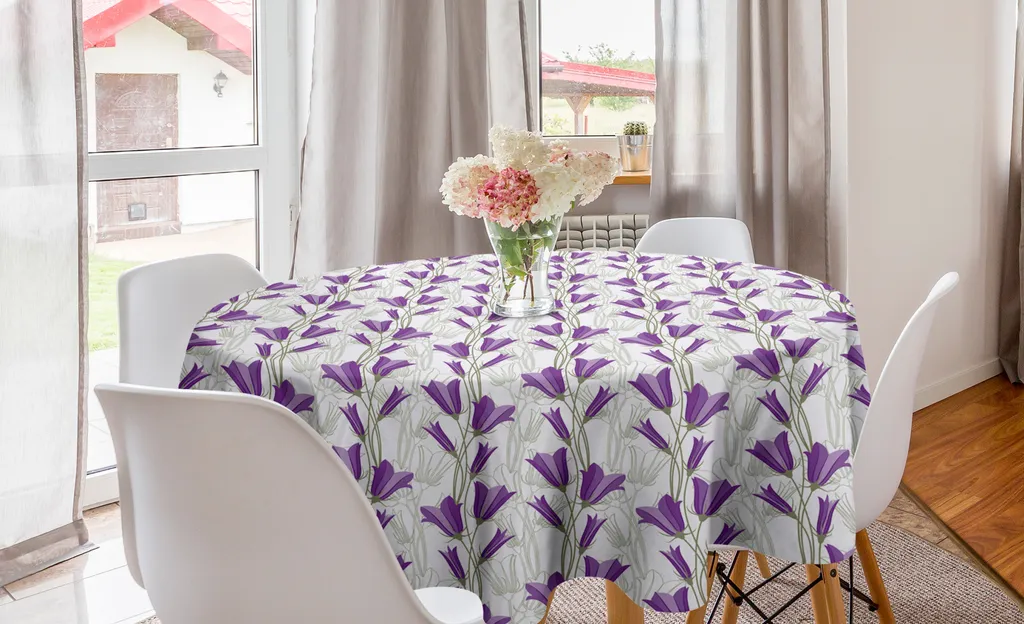 ABAKUHAUS Tovaglia rotonda in stile Art Nouveau, bouquet di campanule, tovaglia circolare per decorare la sala da pranzo e la cucina, 150 cm, verde reseda e viola