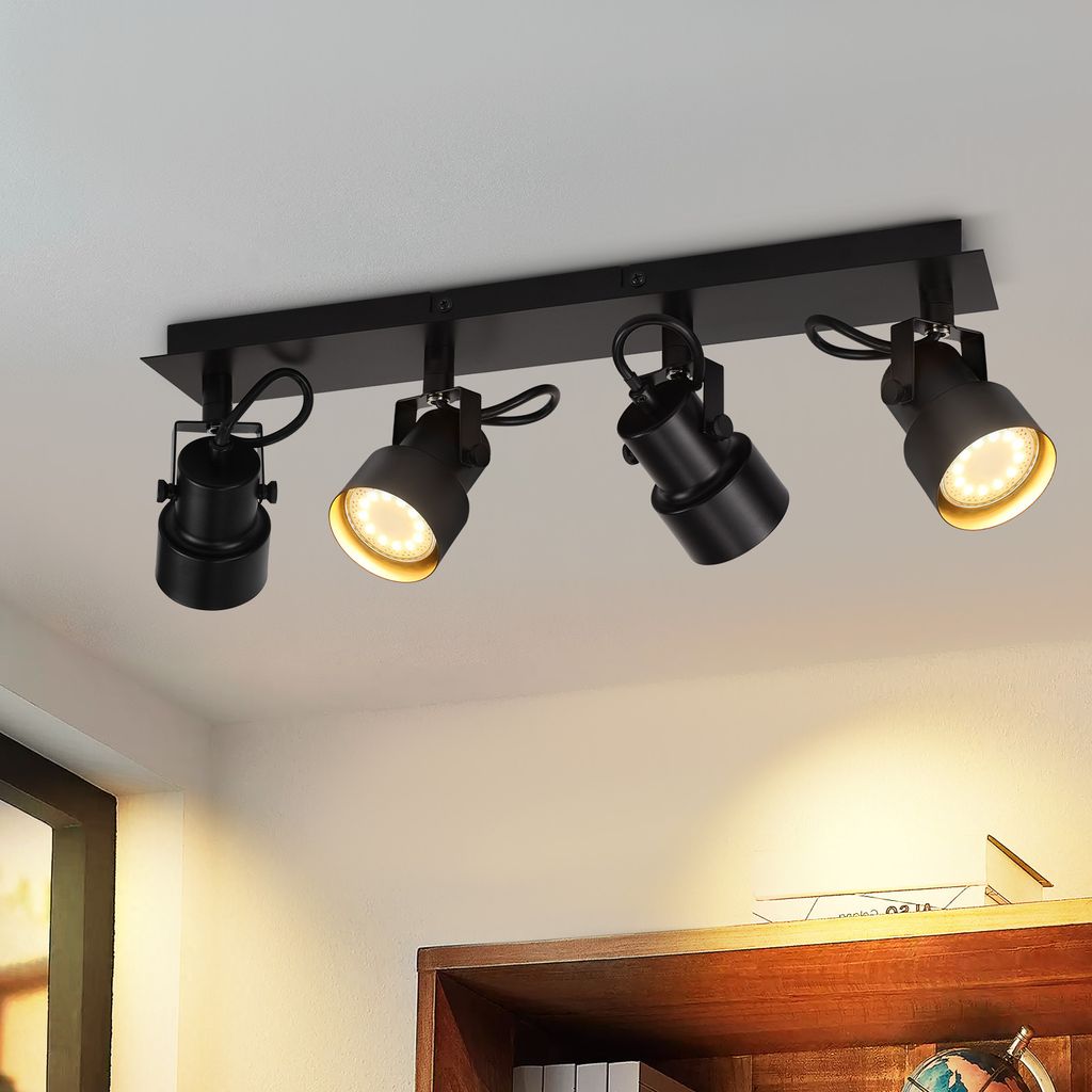 ZMH Deckenstrahler 4 Flammig Schwarz Deckenspots 350° Drehbar Wandstrahler GU10 Vintage Flurlampe Retro Strahler Industrial für Wohnzimmer Schlaf...
