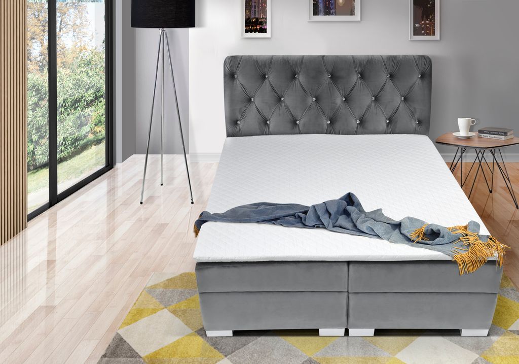 Boxspringbett LIVERPOOL 140 x 200 cm Amor Velvet 19 Grau Bett mit zwei Bettkästen und Matratze,Komplett-Set mit Topper, Doppelbett, Polsterbett