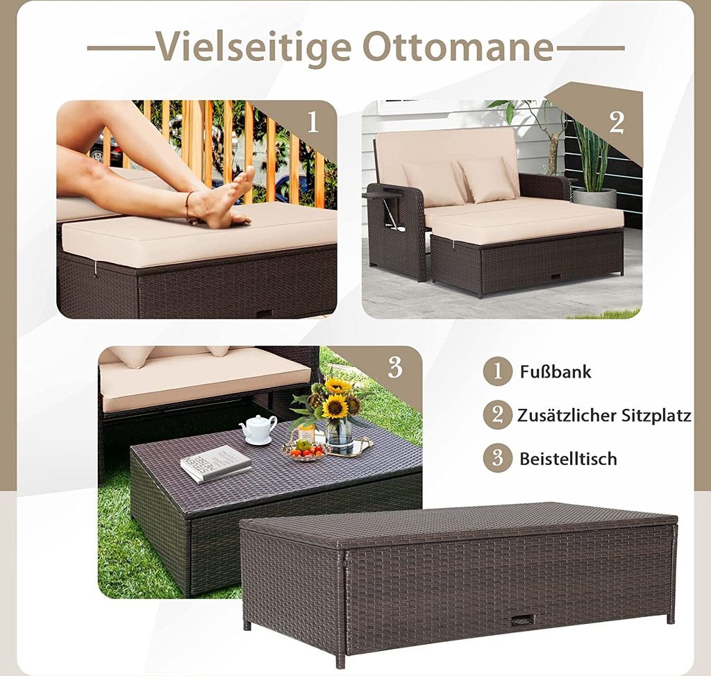 COSTWAY Rattan Sofa Set - 2 Sitzer Sessel mit Ottomane & 2 Produktbild 7