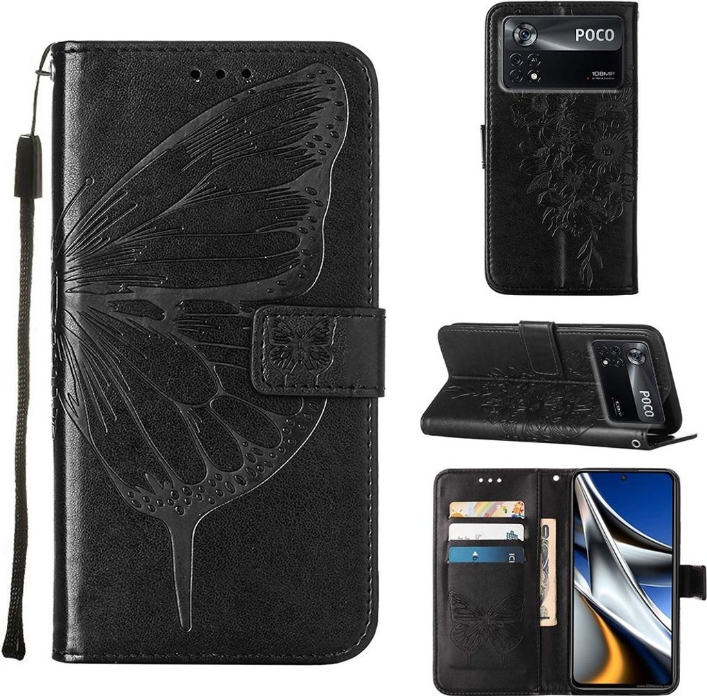 Xiaomi Poco X4 Pro 5G Hülle, Schmetterling Prägung Flip Leder Kartenfächer Schutzhülle Ledertasche mit Ständer für Xiaomi Poco X4 Pro 5G Schwarz