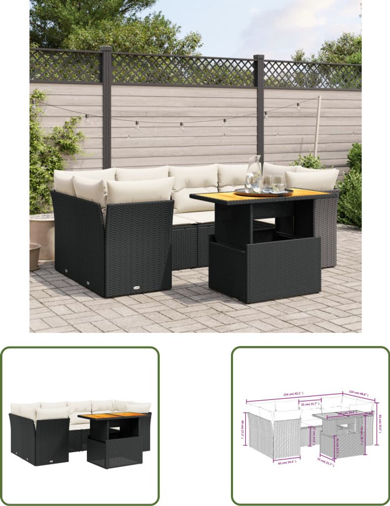 The Living Store 7-tlg. Garten-Sofagarnitur mit Kissen Schwarz Poly Rattan