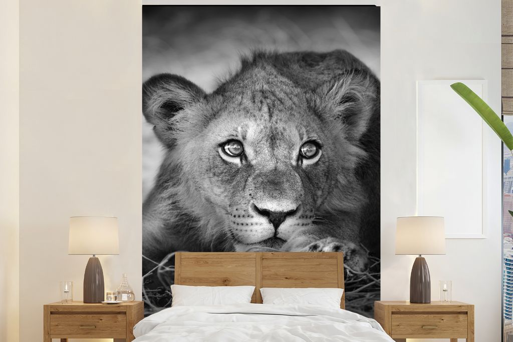 MuchoWow Fototapete für Wohnzimmer oder Schlafzimmer Wandtapete Vinyl Motivtapete Wildtiere - Löwe - Natur - Schwarz - Weiß - 170x260 cm - Woh...