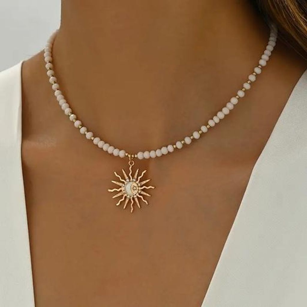 GKA Halskette Sonne Anhänger mit Schmuck Perlen Kette Damen Produktbild 