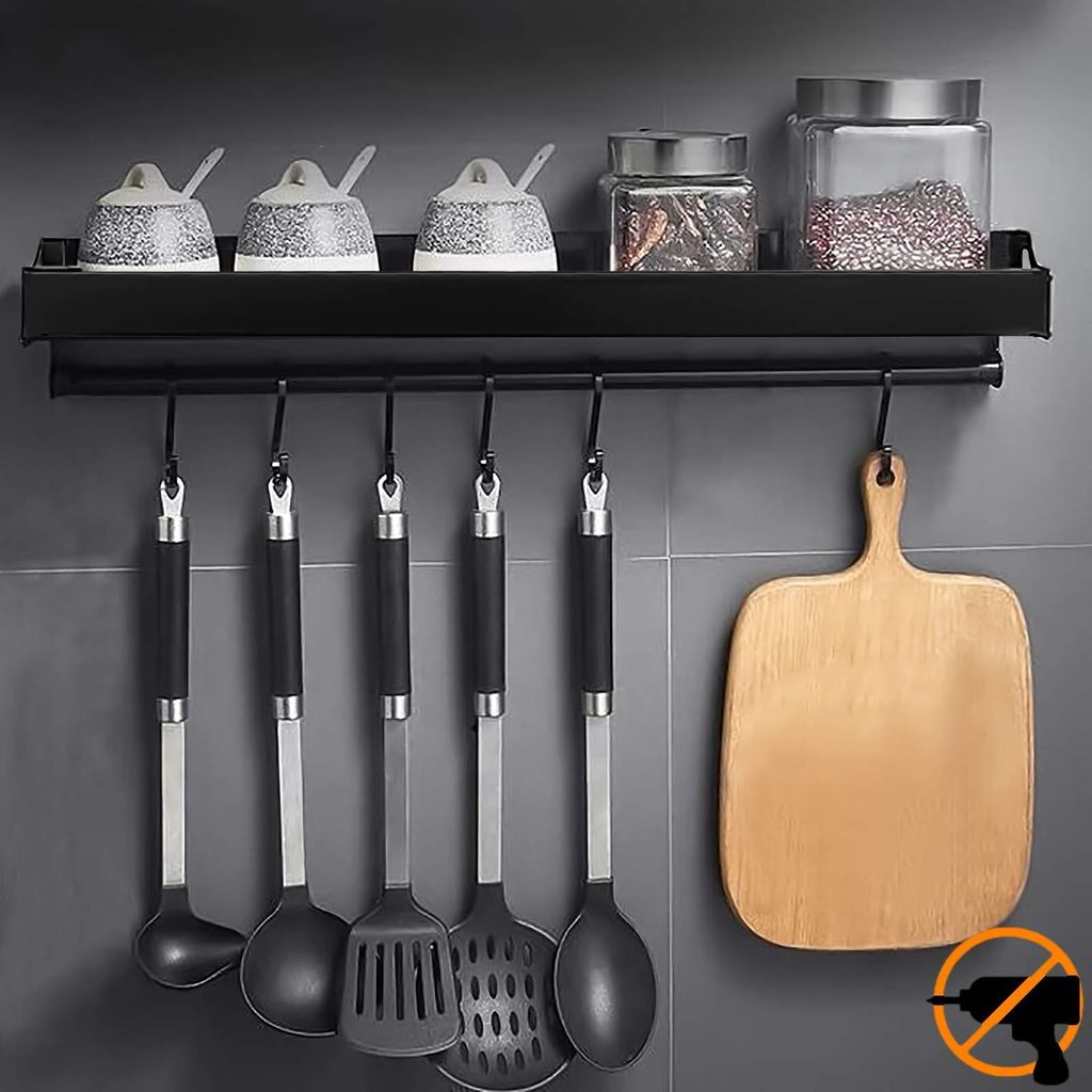 Küchenregal ohne Bohren, mit 6 Haken, Gewürzregal aus Aluminium, matte Oberfläche, für Küche und Bad