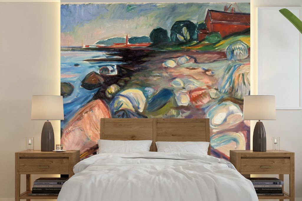 MuchoWow Fototapete für Wohnzimmer oder Schlafzimmer Wandtapete Vinyl Motivtapete Bank mit rotem Haus - Edvard Munch - 300x300 cm - Wanddekoration
