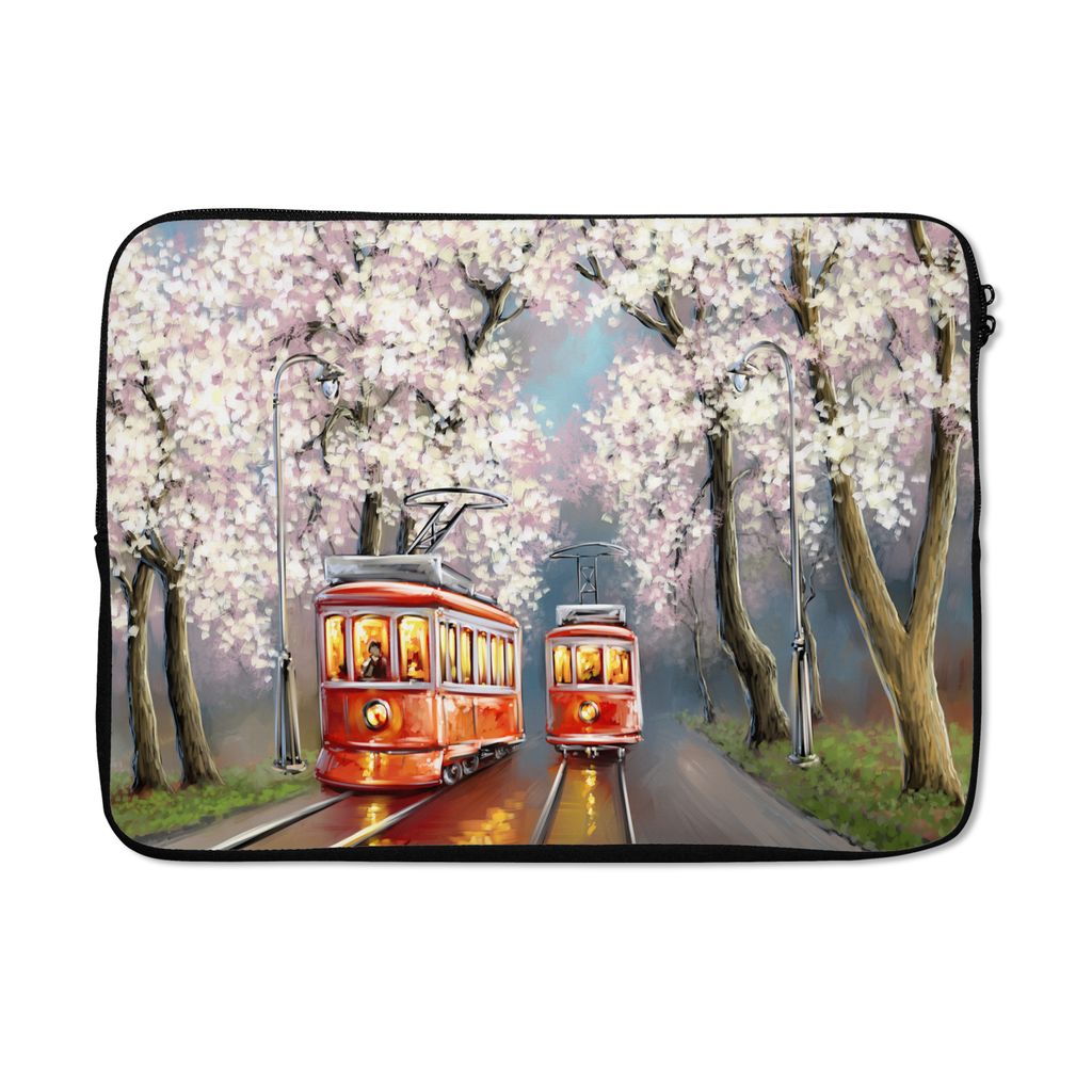 MuchoWow Laptop Hülle 14 ZollGemälde - Ölgemälde - Straßenbahn - Blühender Baum Laptoptasche - Laptoptasche - Stoßsicher - Schutzhaube
