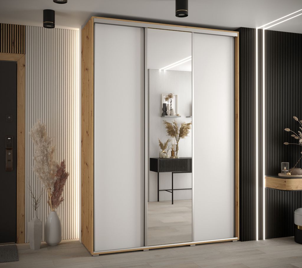 Kleiderschrank ASIRI 3 - 170/45 cm, Artisan-Eiche / Weiß / Silber