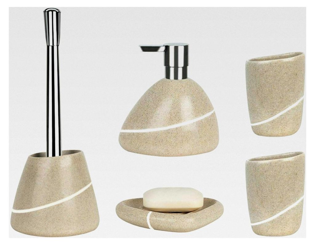 Badezimmer Set, 5-teiliges Badzubehör aus Keramik in Sand Beige Stone