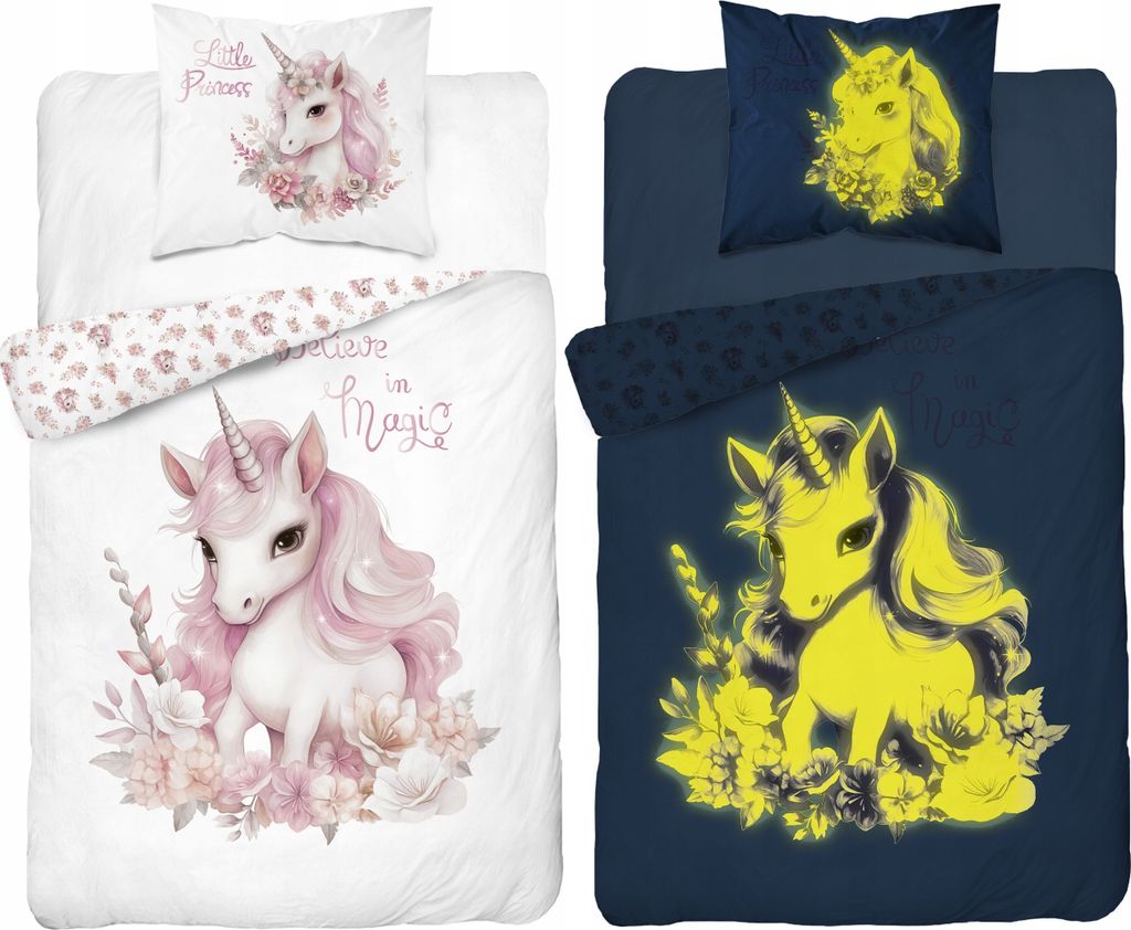 Glow in the dark Bettwäsche 160x200 Einhorn in Blumen Unicorn
