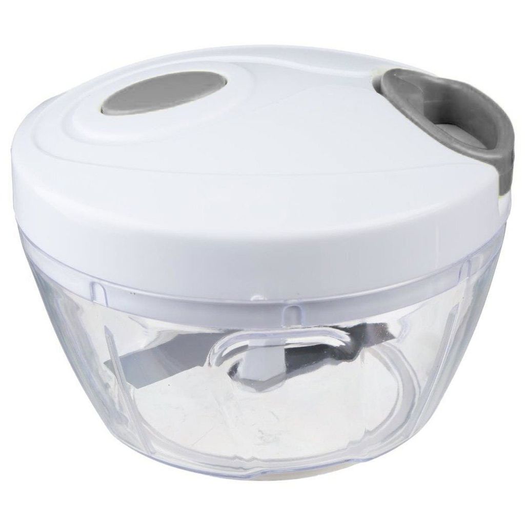 A white and clear manual food chopper with gray accents.