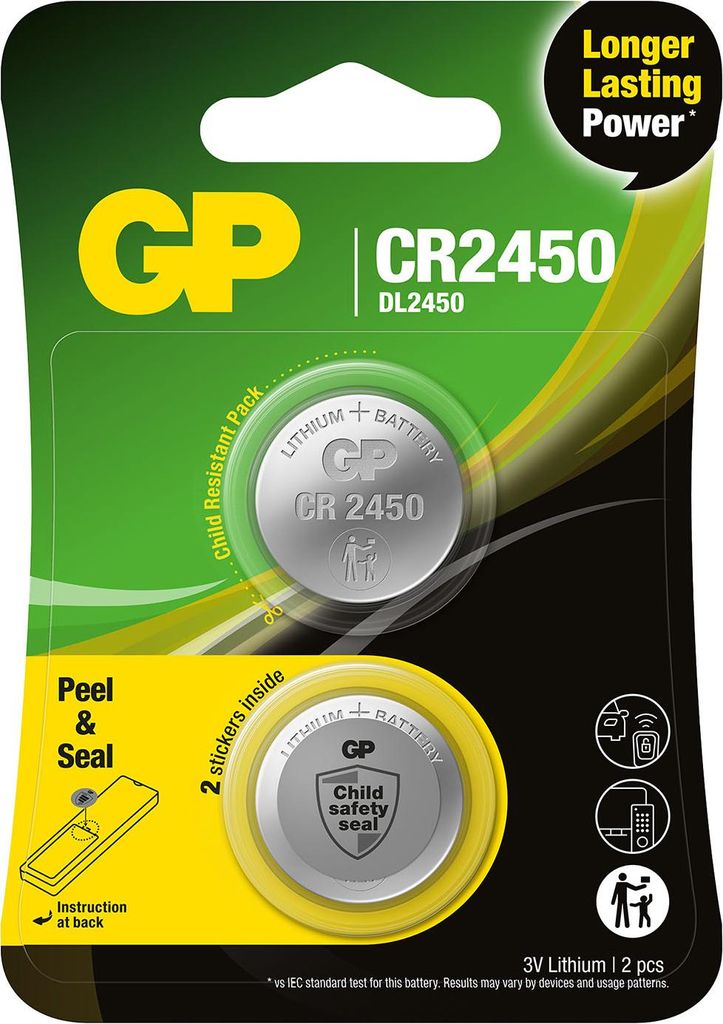 GP Knopfzellenbatterie CR2450 3V Sicherheitssiegel - 2er-Pack