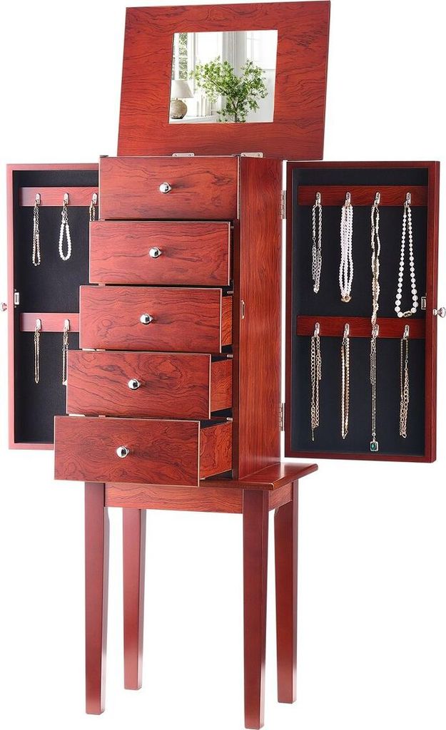 Schmuckvitrine, stehende Schmuckaufbewahrungskommode aus Holz mit 4 geräumigen Schubladen, Klappspiegel, 4 oberen Staufächern, Griffen aus Zinkle...