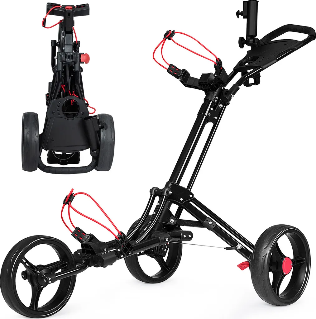 Chariot de golf pliable à pousser avec 3 roues et porte-bagages en T