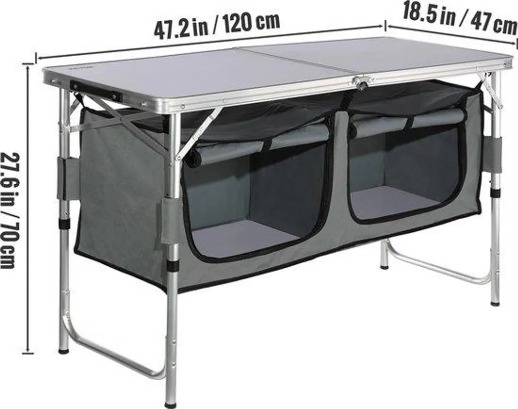 Cuisine de camping pliable grise avec plan de travail et rangements