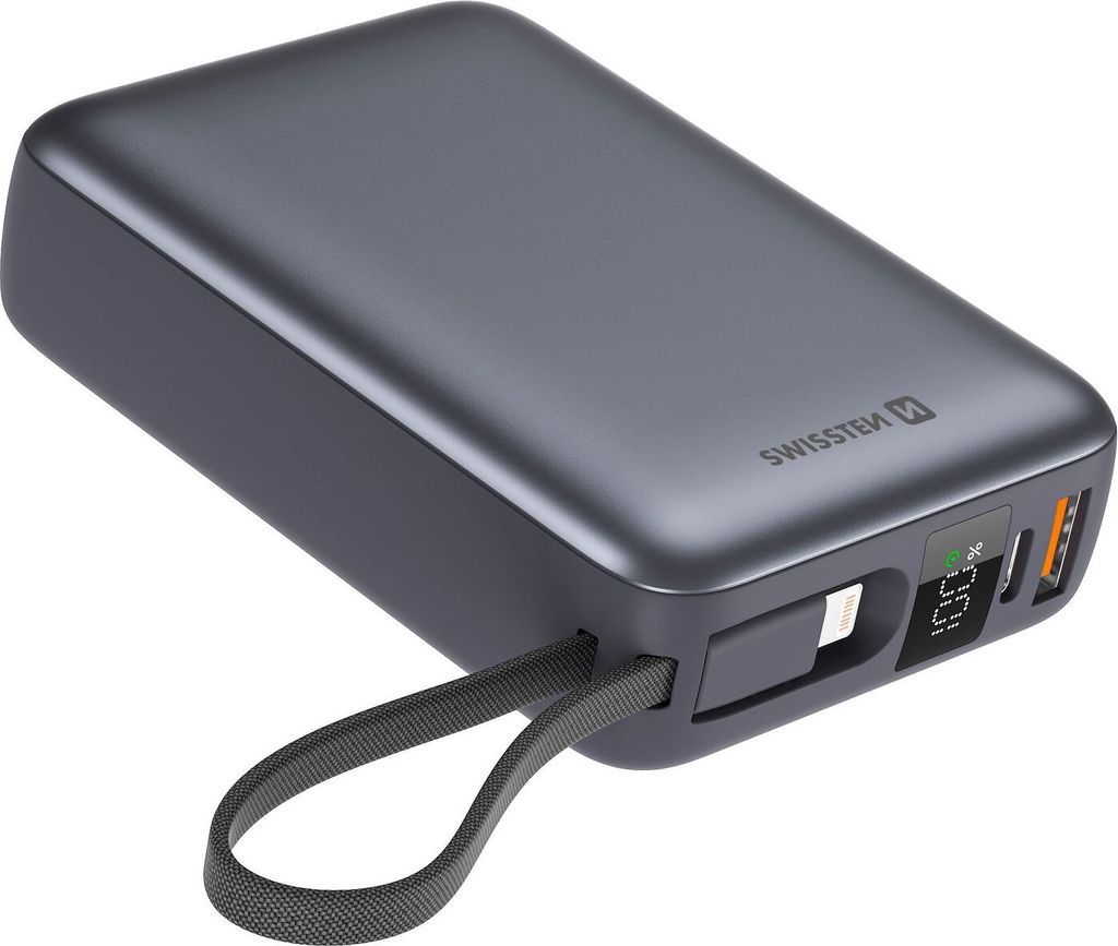 A dark gray power bank with a black strap is shown against a white background.