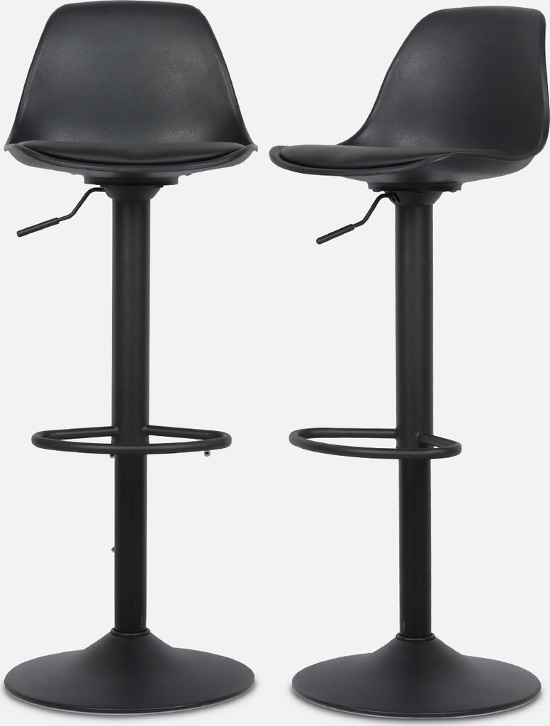 Two black bar stools are shown against a white background.