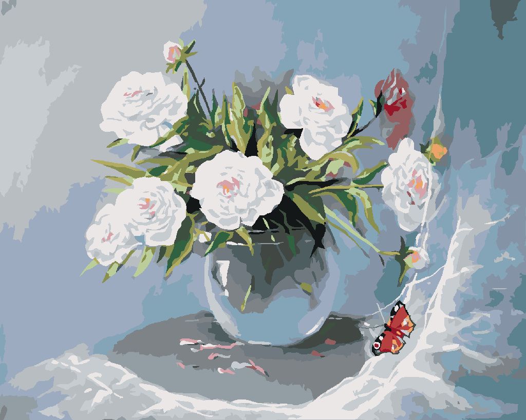 Zuty - Malen nach Zahlen - WEISSE BLUMEN IN EINER VASE UND SCHMETTERLING, 40x50 cm, mit Keilrahmen (bereits gespannt)