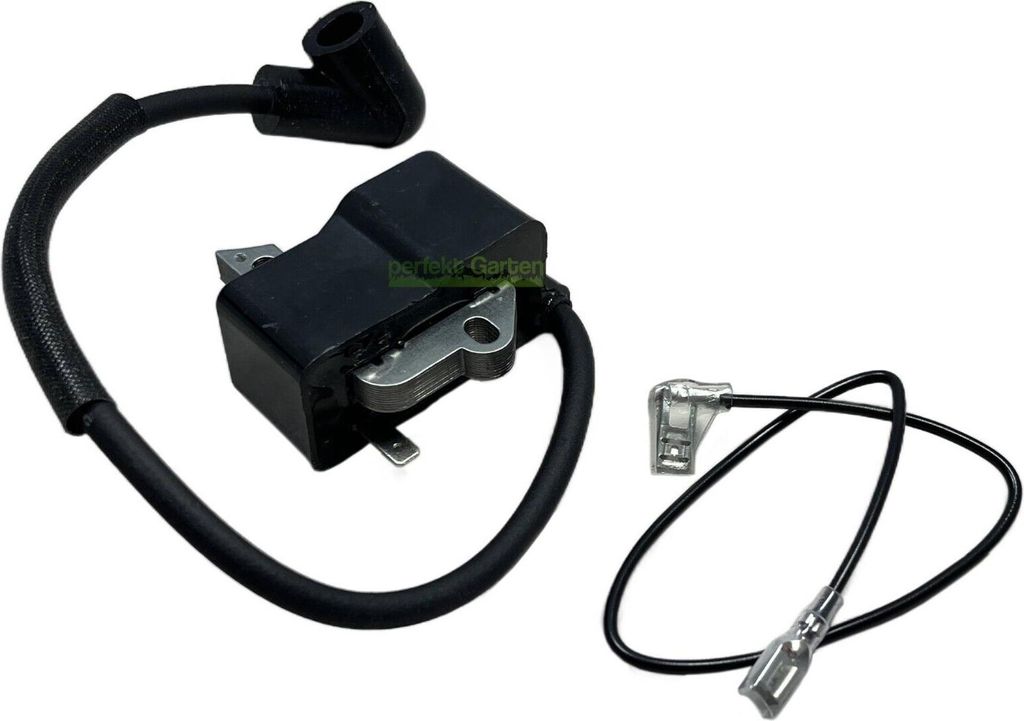 A black ignition coil with a wire and spark plug boot is shown against a white background.