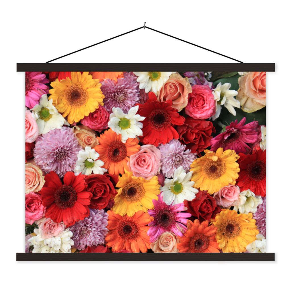 MuchoWow Textilposter Blumen - Farben - Gerbera - Rosen 150x113 cm mit schwarzem Rahmen - Wohnzimmer