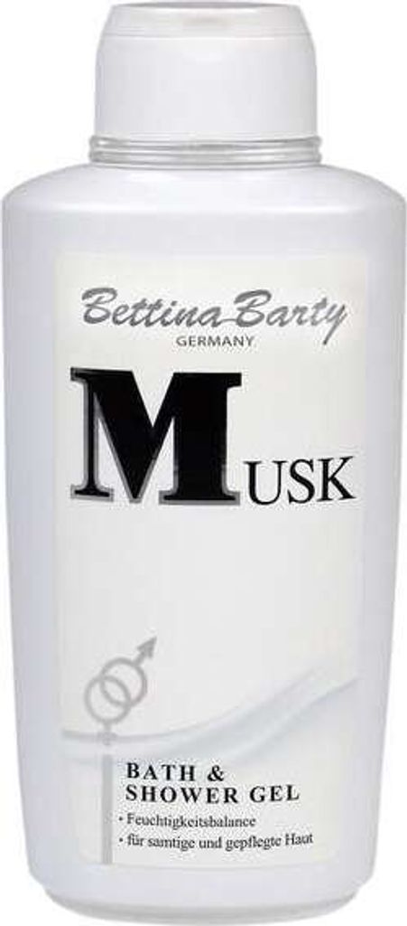 A white bottle of Bettina Barty Musk Bath & Shower Gel.
