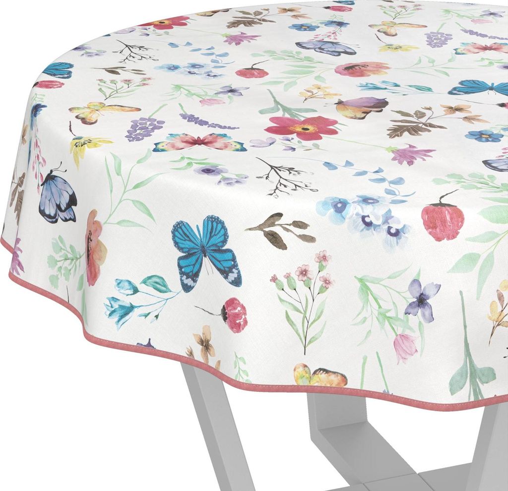 Tischdecke wasserabweisend abwaschbar Bunt Rund 140cm Band Romantik Schmetterlinge Wachstuch Gartentischdecke