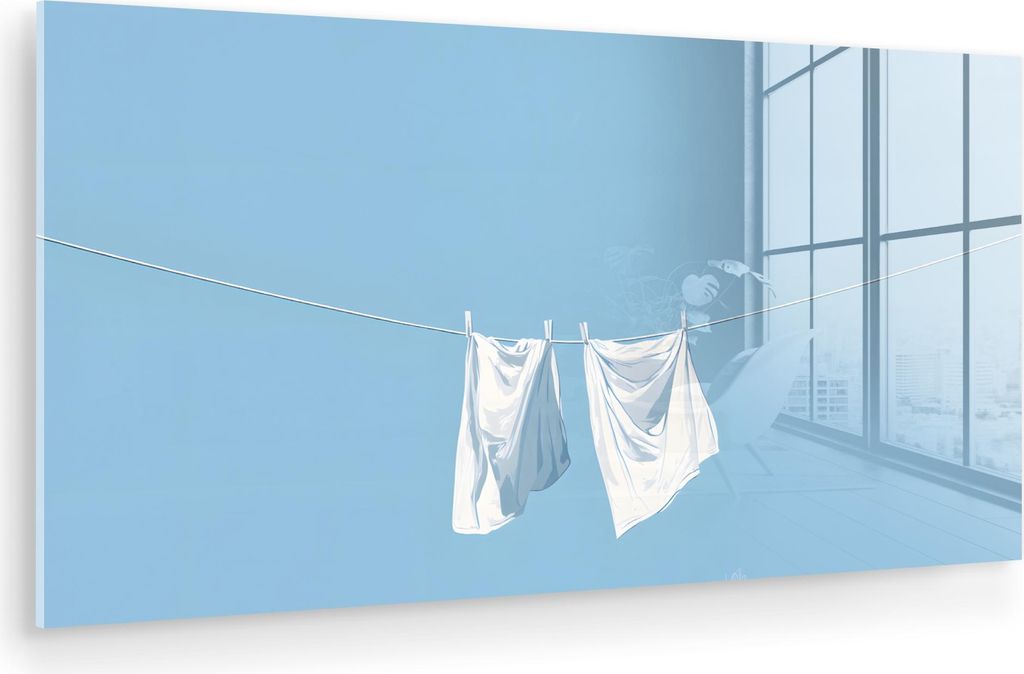 MuchoWow Glasbilder - Bilder auf Wandbild - Foto auf Glas Laken - Wäscheleine - Blau - Minimalistisch 80x40 cm Wanddekoration aus Glas - Acrylglas...