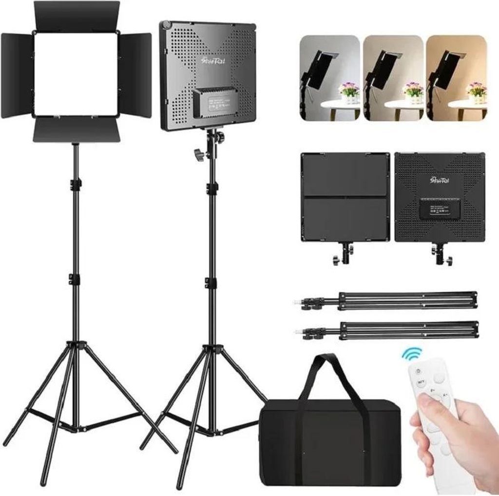 LED Videolicht 2er-Set - Panelleuchten - 2x33 cm - 110 W - 720 LEDs - Bi-Color 3000–6300 K - Fernbedienung - 2 Stative 195 cm - Beige