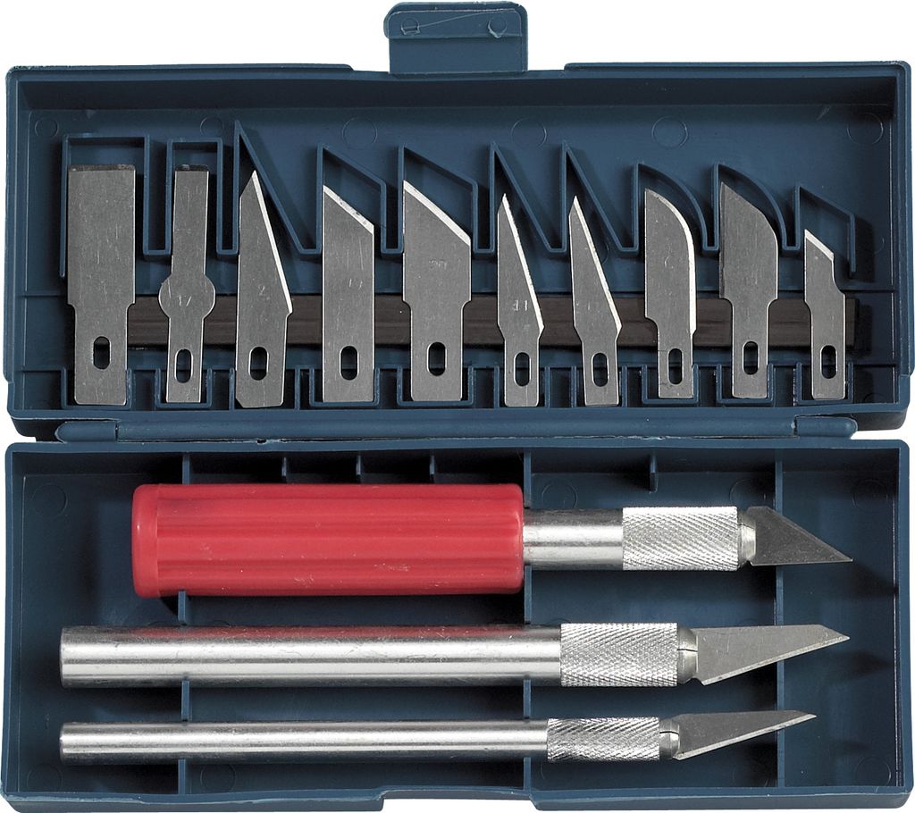 SELVA Messer-Set, 16-teilig, geeignet für Hobby, Handwerk, Modellbau, Kunst und Schnitzerei, Anwendung: HOLZ, Klingenhalter aus Aluminium