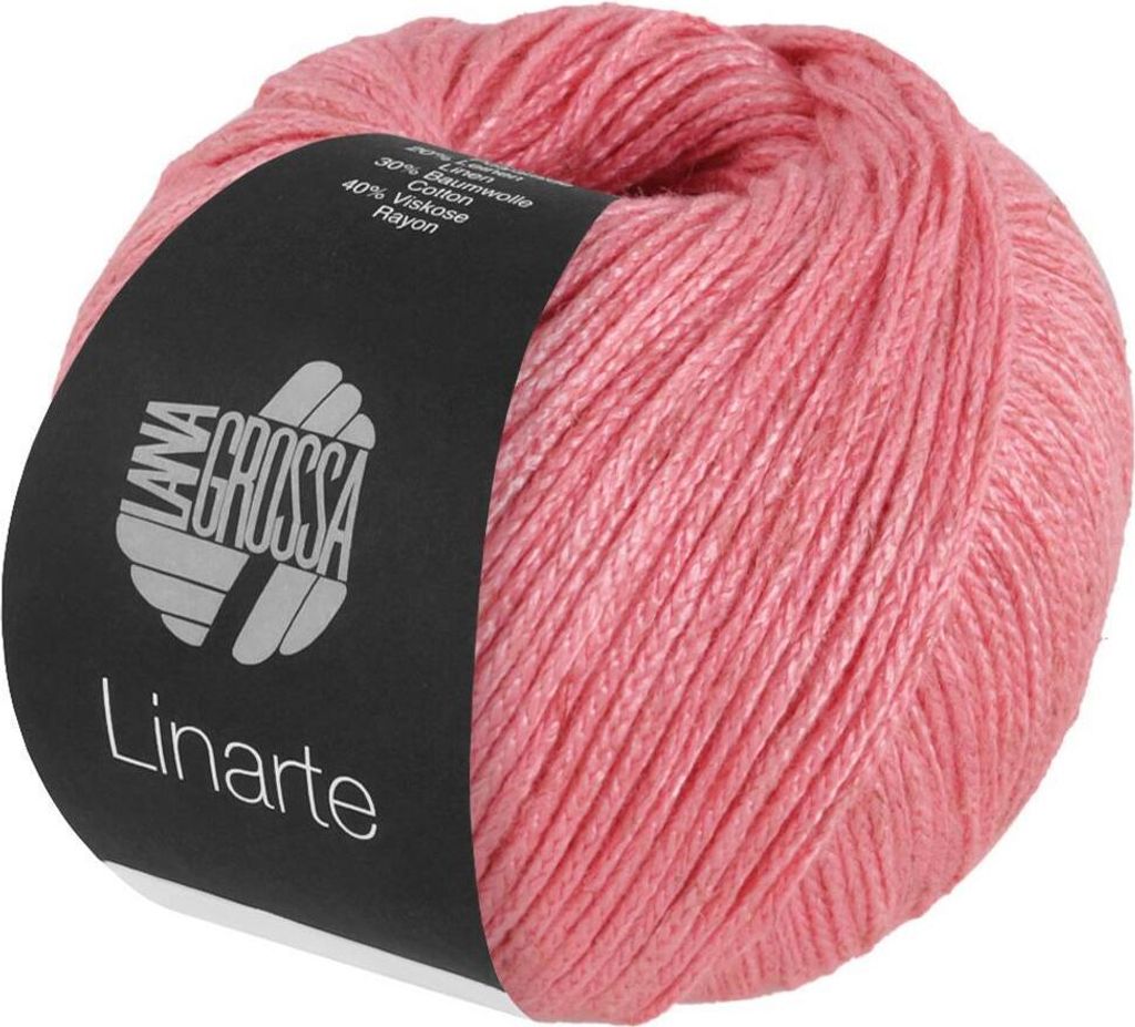 A ball of pink yarn with a black label.