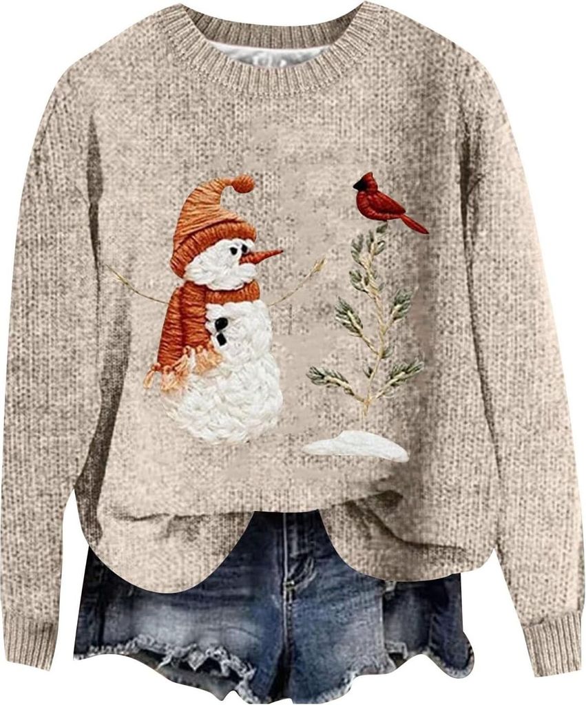 ASKSA Damen Lustige Weihnachtspullover Strickpullover Winter Rundhals Pulli Christmas Sweater Langarm Oberteile Warm Weihnachtspulli,A-Beige,S