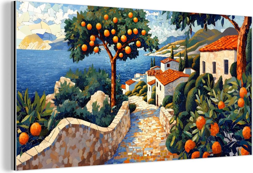 MuchoWow Wanddekoration Metall Metallbild Wandkunst 80x40 cm Häuser - Mosaik - Orangenbäume - Meer MuchoWow Aluminium Gemälde - Wanddekoration -...