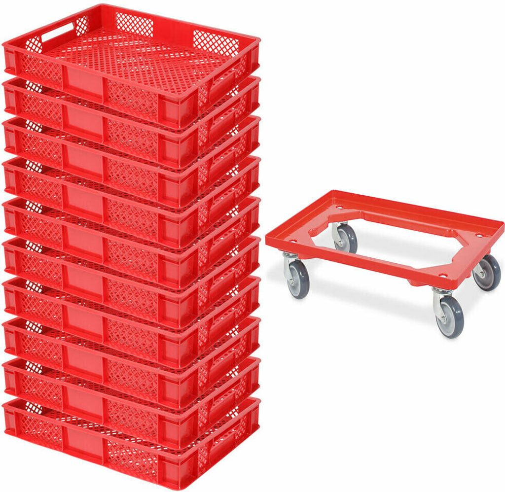 10x Bäckerkiste / Euroboxen, LxBxH 600x400x90 mm, rot + Transportroller