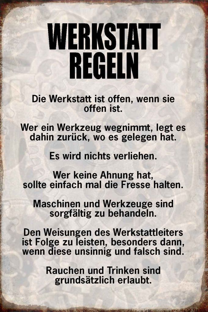 vianmo Holzschild 30x20 cm Werkstatt Regeln Werkzeug Auto Garage