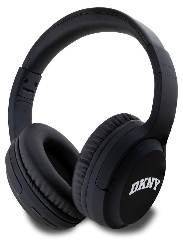A black pair of DKNY on-ear headphones is shown against a white background.