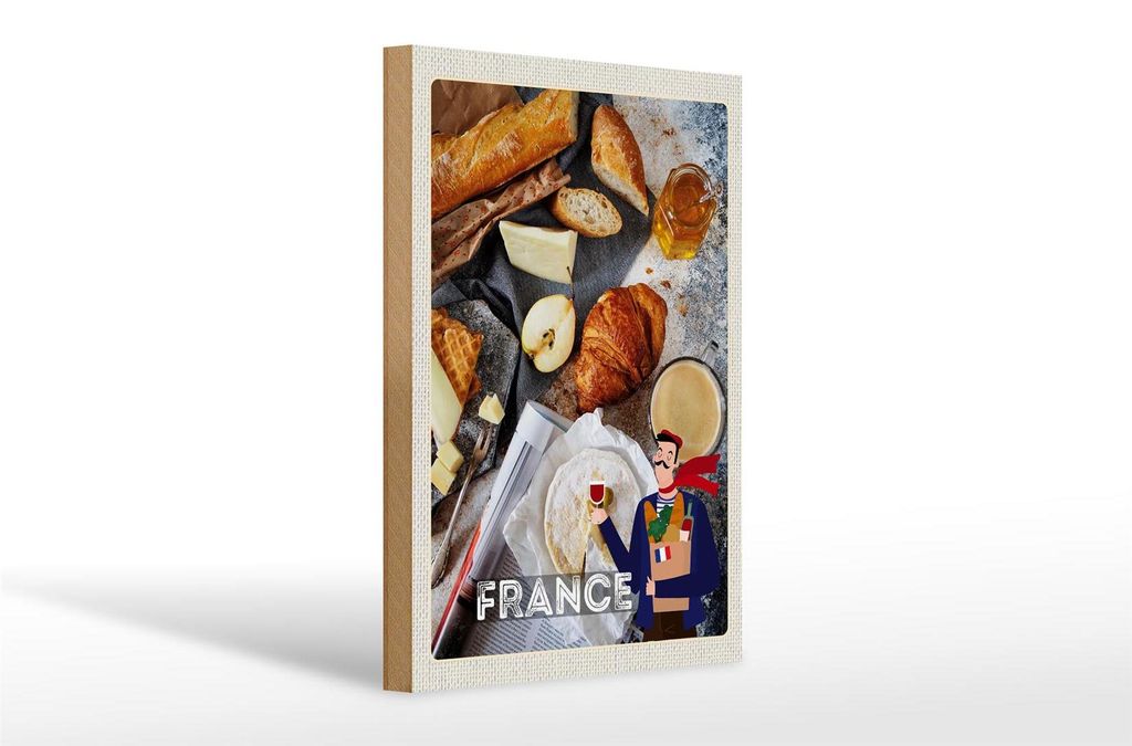 Holzschild Reise 20x30cm Frankreich Käse Baguette Honig Schild