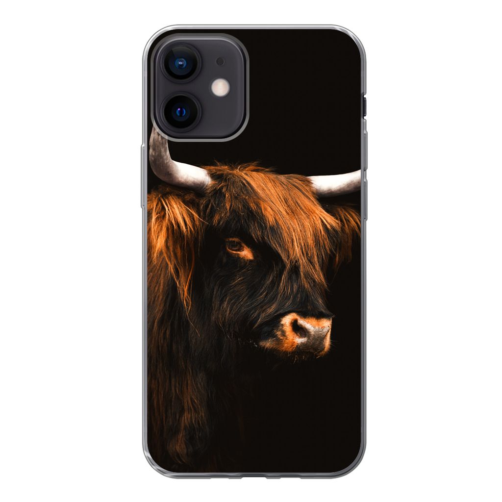 MuchoWow Handyhülle Schutzhülle Hülle für iPhone 12 Schottischer Highlander - Vlies - Kuh Silikon Softcase Handy Hülle - Schutzhülle