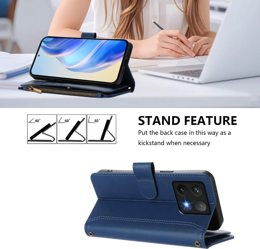 Custodia A Portafoglio Per Xiaomi Redmi Note 14 Pro 5G, Con Supporto E Scomparti Per Carte, Design Due Piume Blu/bianco - 2