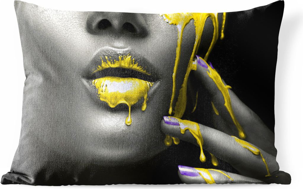 MuchoWow Outdoor Kissen - Lippen - Gelb - Schwarz - 60x40 cm - Wetterfest - Lounge Kissen - Zierkissen - Kissen für Innenräume