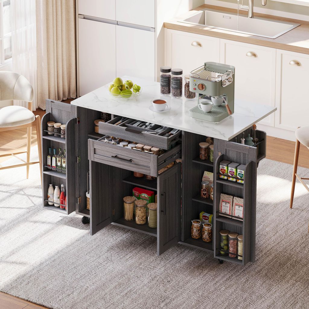 STILVORA Küchenwagen mit Besteckschublade,Kücheninsel Küchenschrank mit Arbeitsplatte ausziehbar,Buffetschrank mit Gewürzregal&Handtuchhalter,Grau