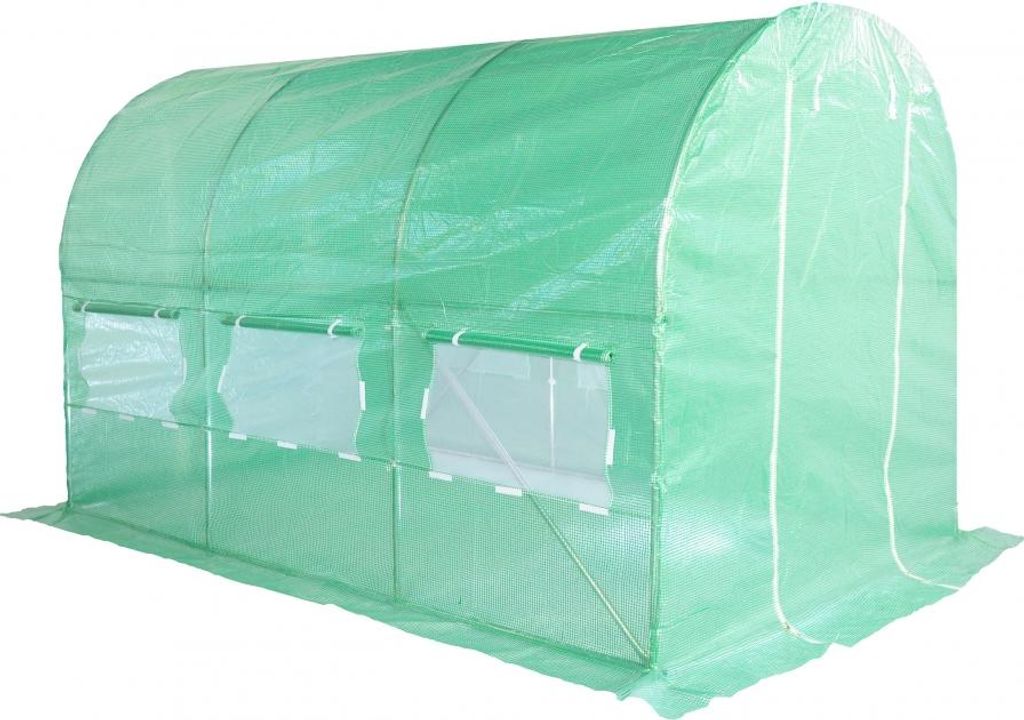 A green polytunnel greenhouse is shown against a white background.