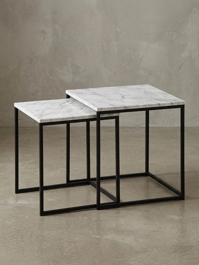 Marmor-Optik Beistelltisch Set, moderne Wohnzimmermöbel, robustes Metallgestell, 40x42,5x40 cm und 35x39,5x35 cm | Kadima Design