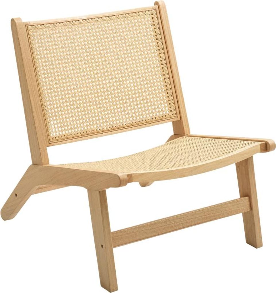 Fortuna Lai Sessel Relaxsessel ohne Armlehne, Stuhl mit Rattan-Rückenlehne, Holzrahmen, Lesesessel für Wohnzimmer Schlafzimmer Naturholz