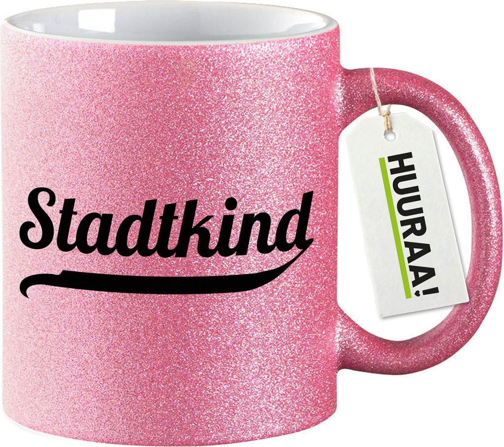Huuraa Glitzertasse Stadtkind Schriftzug 330ml Pink Keramik Kaffeebecher Geschenkidee