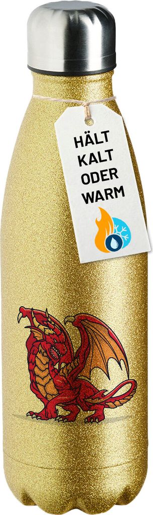 Huuraa Trinkflasche Drache Comic 500ml Gold Edelstahl Wasserflasche Trinkflasche Geschenkidee