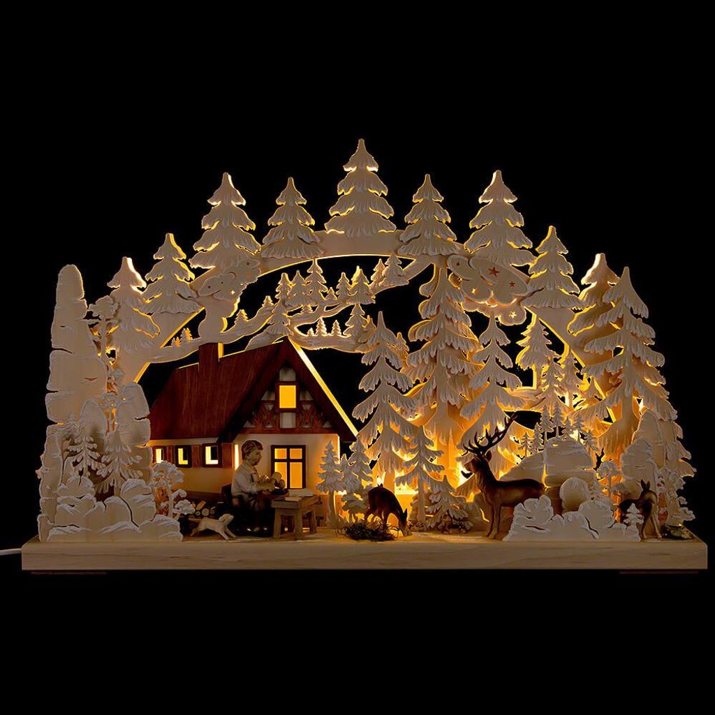 3D-Schwibbogen Berghütte mit Schnitzer (62x40cm) von RATAGS Holzdesign