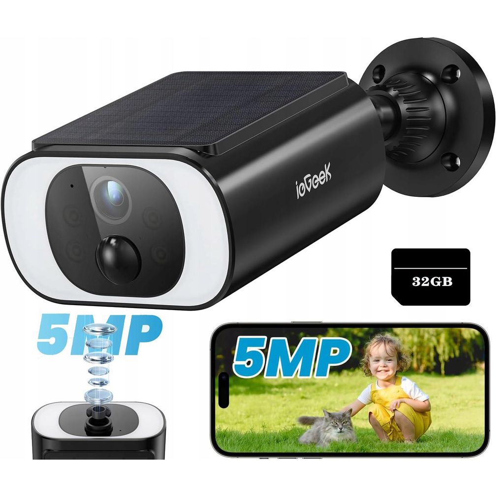 ieGeek 5MP Überwachungskamera Aussen Akku mit Solarpanel, Nonstop Power mit Solar, Spotlights, 2-Wege-Audio, 32GB Karte