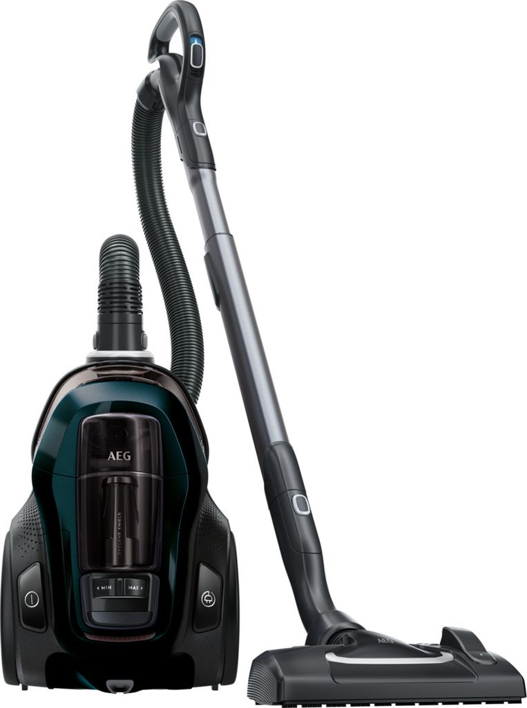 A black and teal AEG vacuum cleaner with its hose and floor head, presented against a white background.